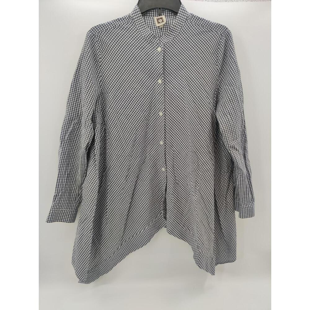 ANNE KLEIN Blouse Womens Size 10 Navy & White Gingham Asymmetrical Draped Modern